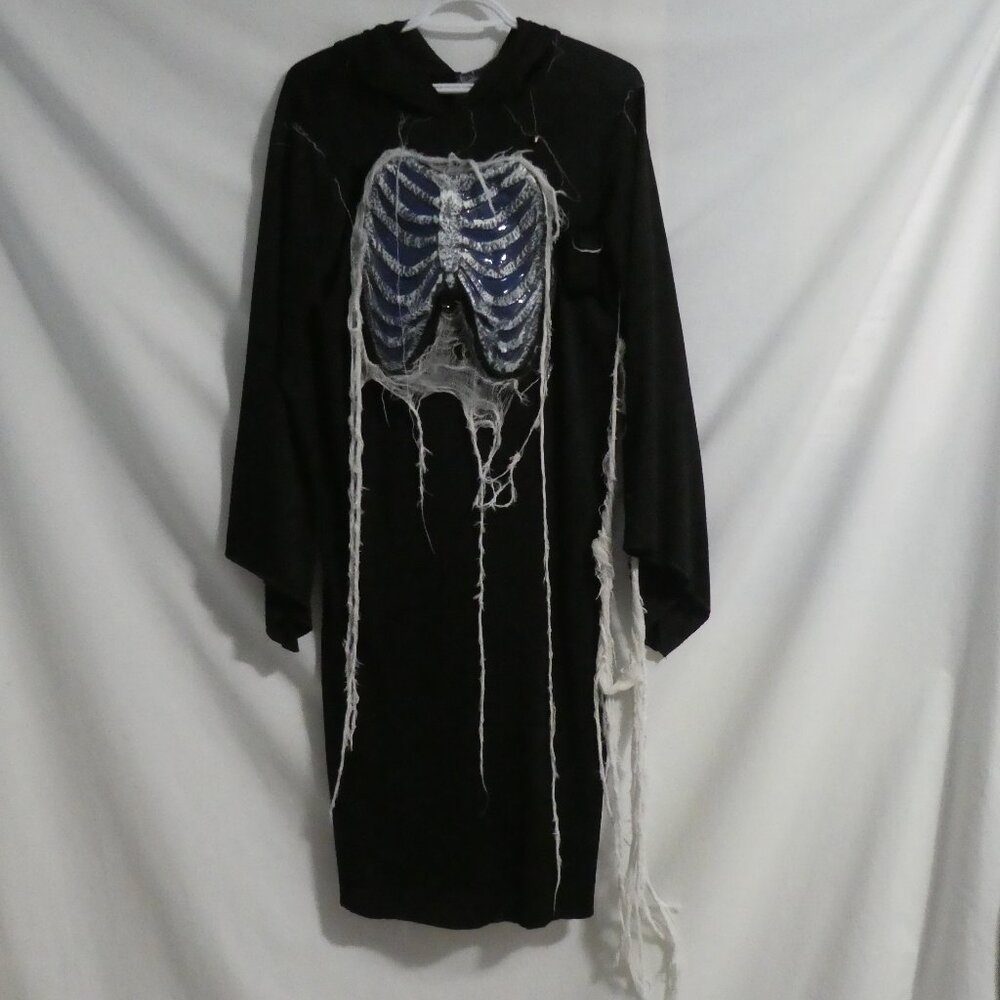 Black Skeleton Reaper Hooded Robe | large | Exposed Rib Cage | Dangling Webbing - Picture 2 of 16